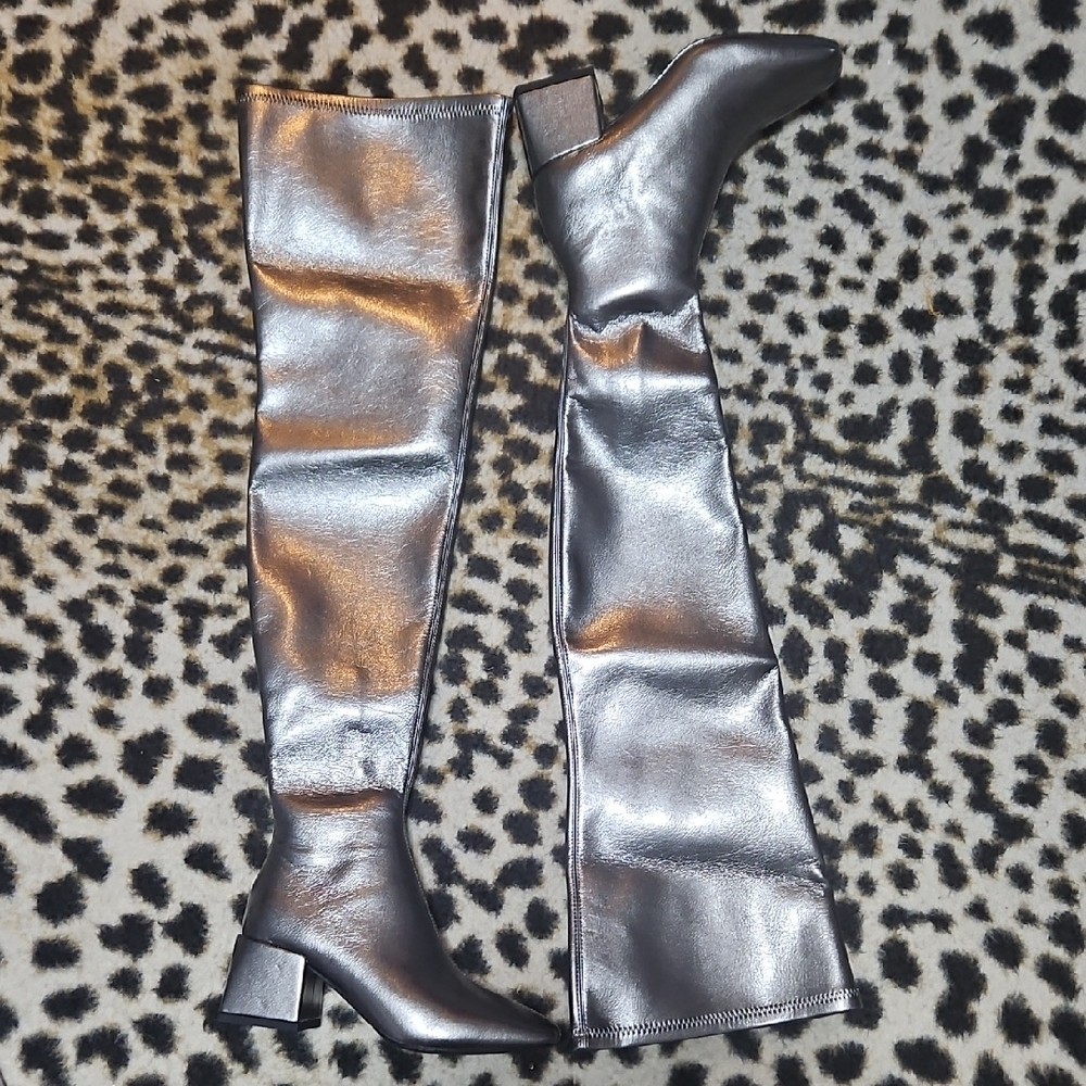 Women's Metallic Over-the-Knee Block Heel Boots - Silver
